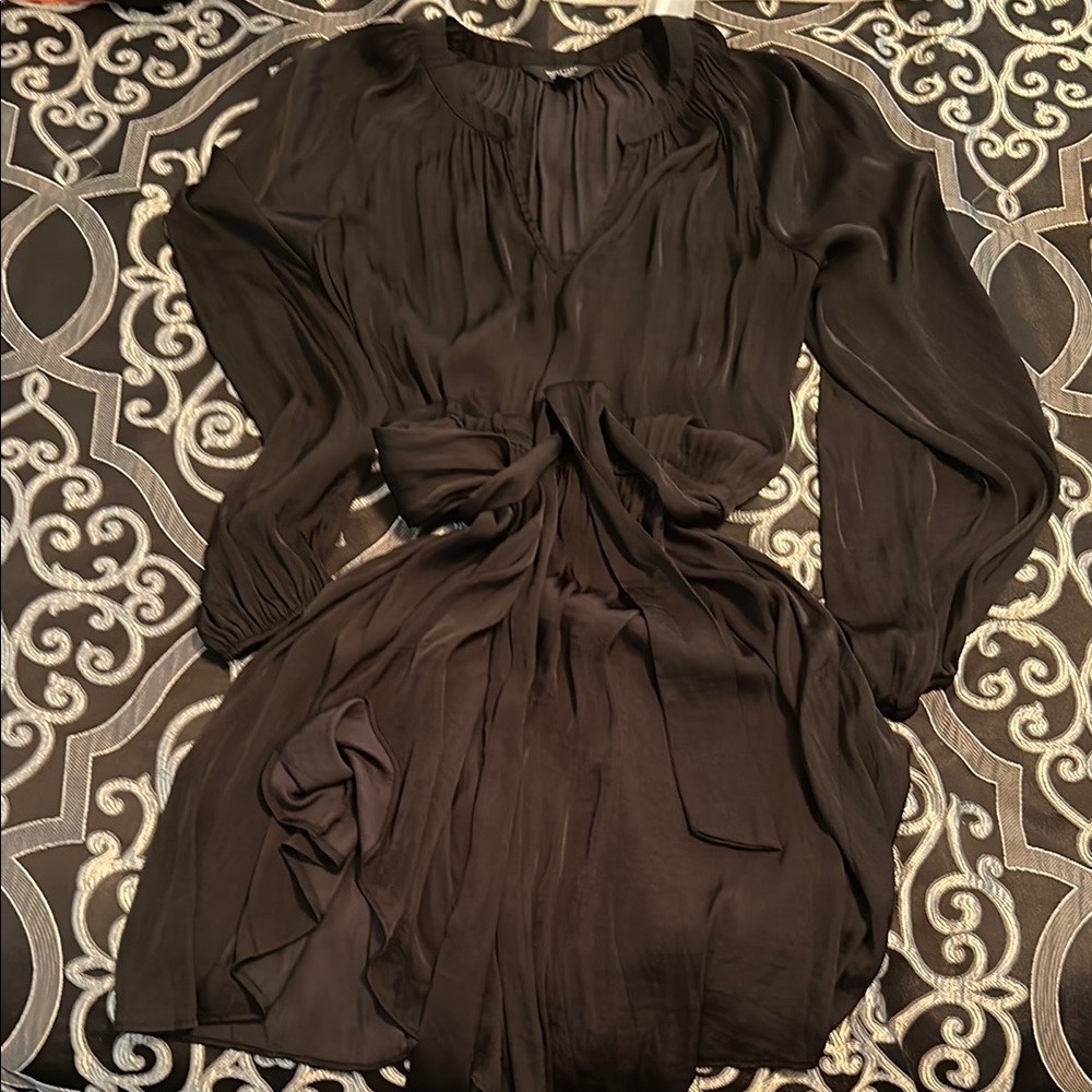 Brown Ruched Tie Front Long Sleeve Dress